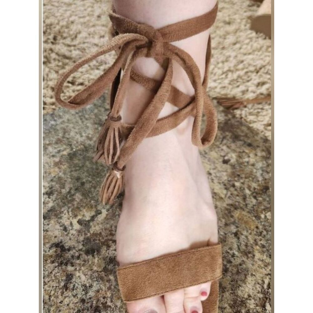 Indigo Rd suede fringed Lace-Up Block Cork Heel Sandals in tan NWT